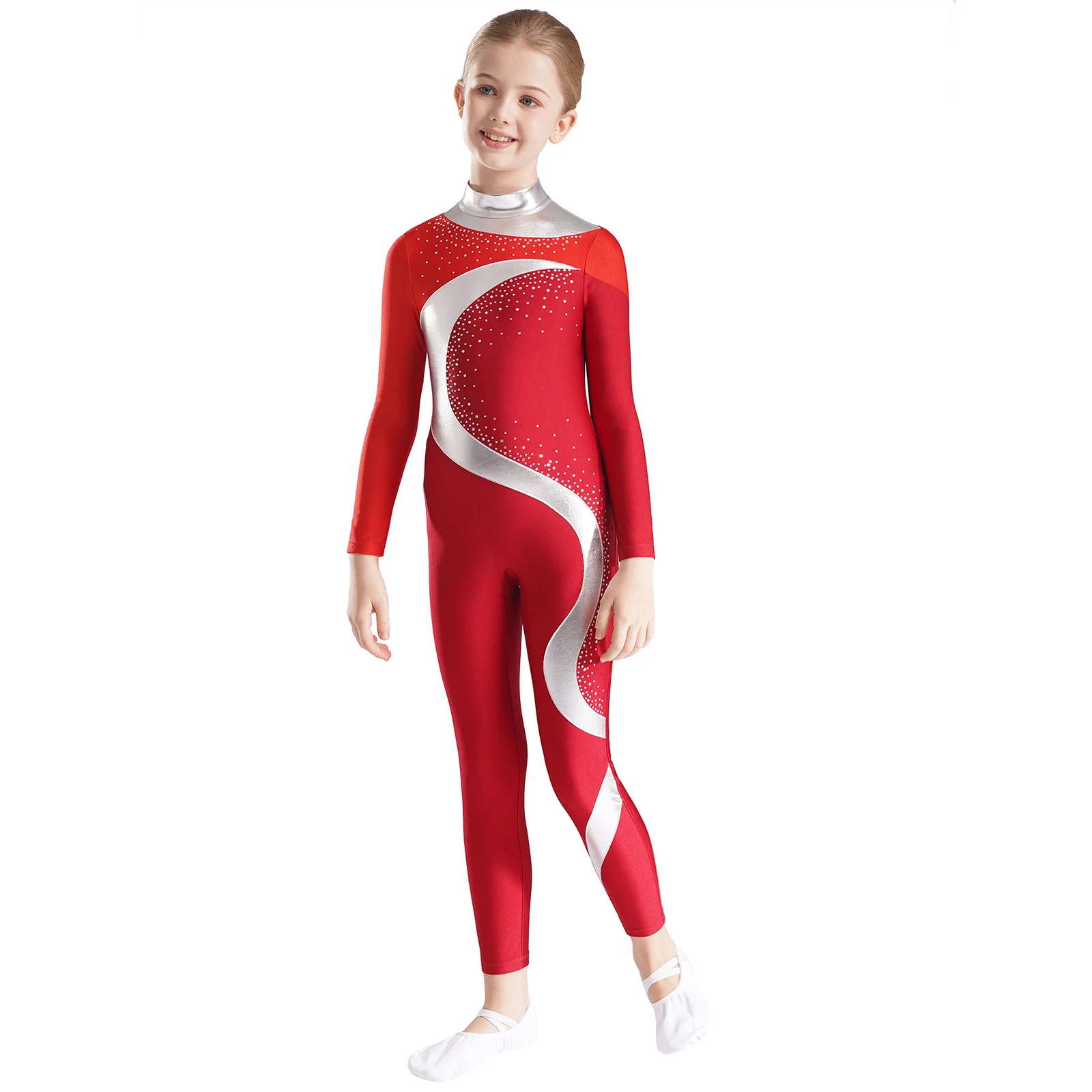 Kids Girls Patchwork Gymnastics Jumpsuit Metallic Contrast Color Long Sleeve Keyhole Back Bodysuit for Figure Skating Dance