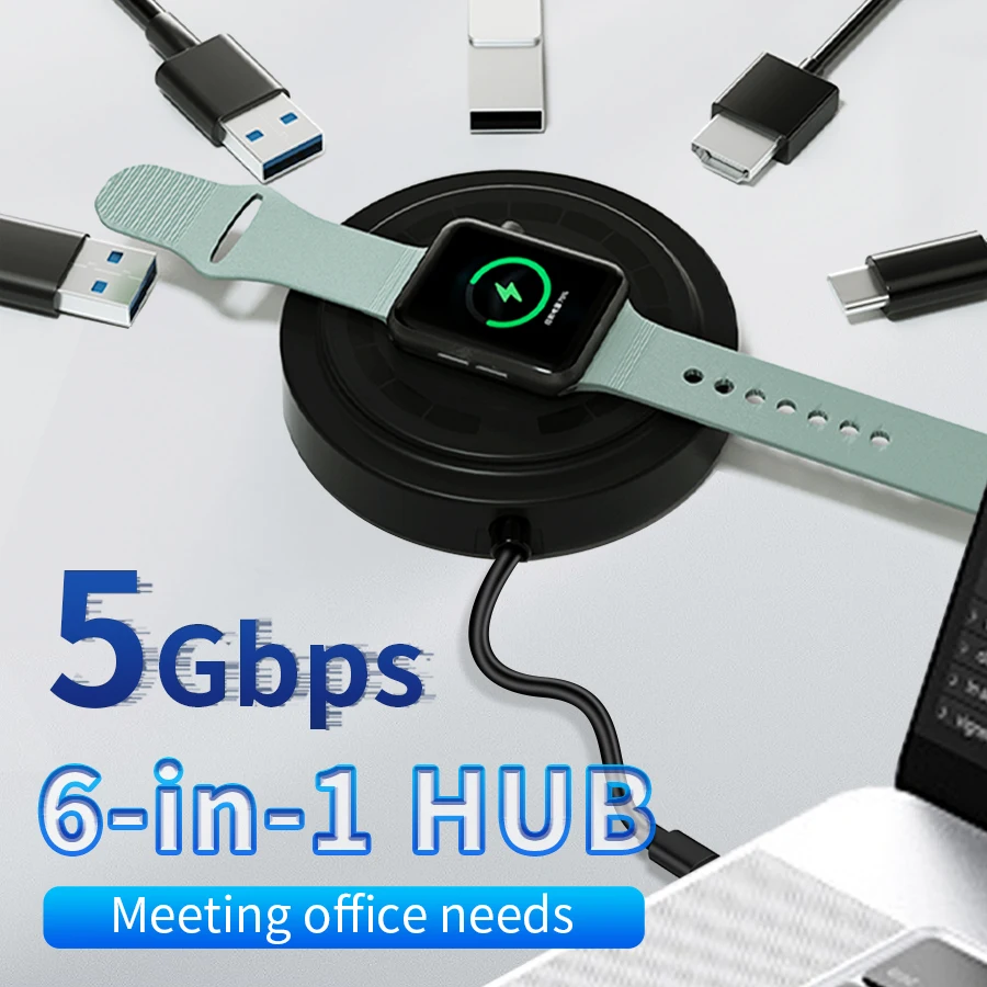 

6 in 1 USB C Hub Wireless Charger For iPhone Watch Type C Splitter USB3.0 HDMI Multiport Adapter USB Expander USB2.0 PD100W
