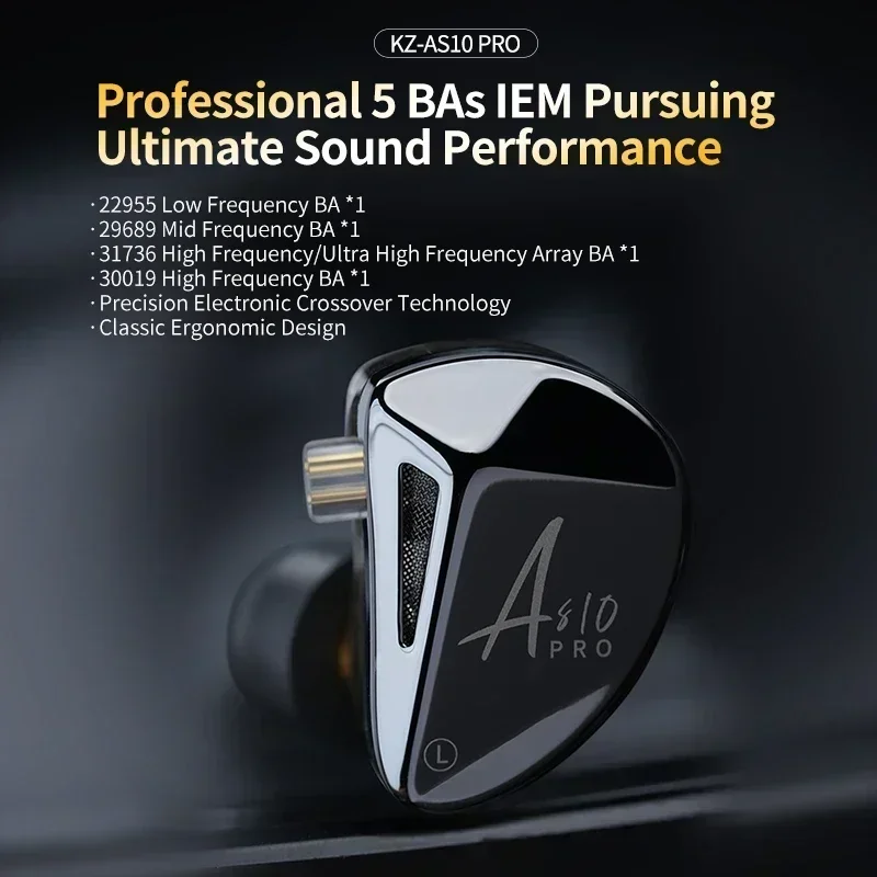 KZ AS10 PRO HiFi in-Ear Wired Earphones 5BA IEMs Stereo Bass Monitor Earbuds Headphone with Silver-plated Detachable Audio Cable