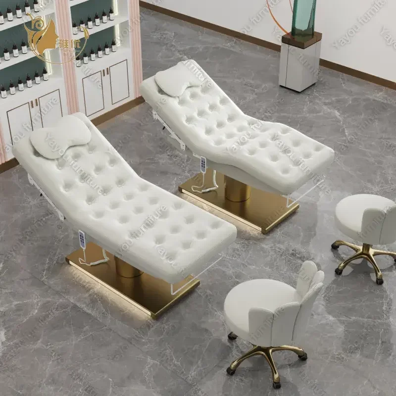 سرير تجميل كهربائي بثلاثة محركات مع قاعدة أسطوانية ذهبية وإضاءة LED لكرسي رموش سبا في صالونات التجميل