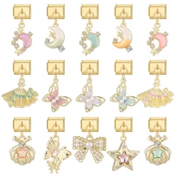 Golden Charm Shell Butterfly Star Moon Cherry Italian Charm Links Fit 9mm Bracelet Stainless Steel DIY Jewelry Making Wholesale