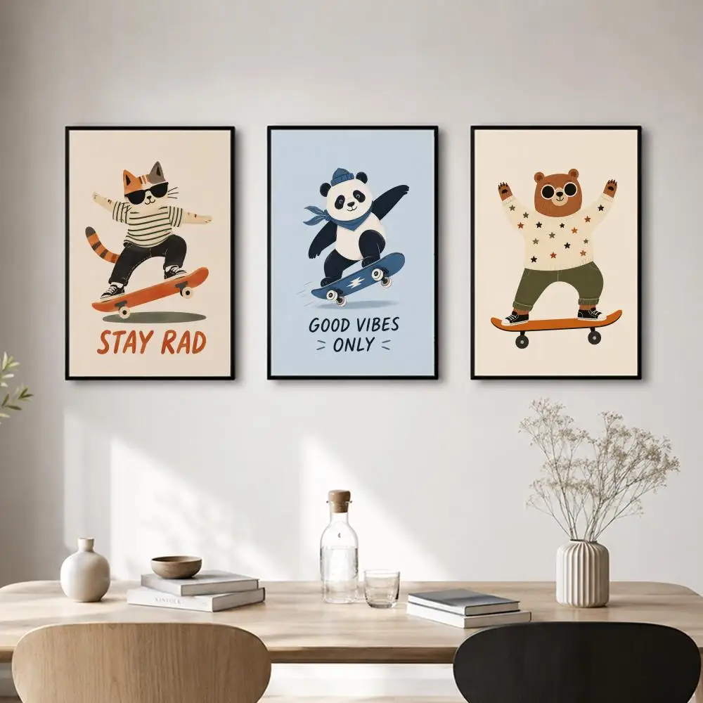 Animal Art Cute Skateboard Dog Dachshund Poster Self-adhesive Art Waterproof Paper Sticker Coffee House Bar Room Wall Decor