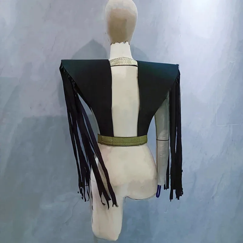 Male Women Fringe Armor Vest Black Silver Tassel Shoulder Pads DJ Gogo Stage Performance Show Accessories Singer Dance Costume