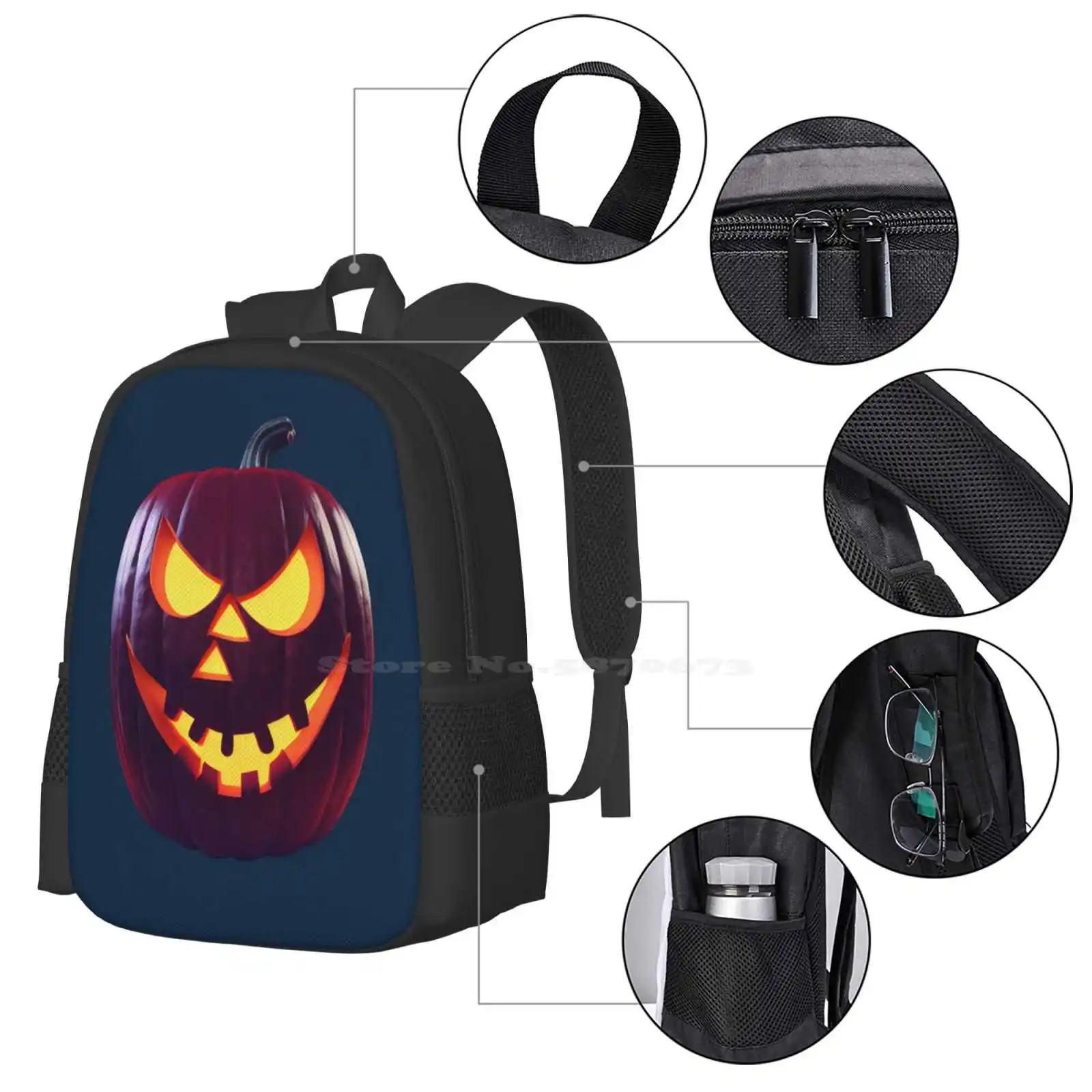 Halloween Pumpkin Head 01-08 Hot Sale Backpack Fashion Bags Evil Funny Pumpkin Heads Colorful Colourful Red Spooky Halloween