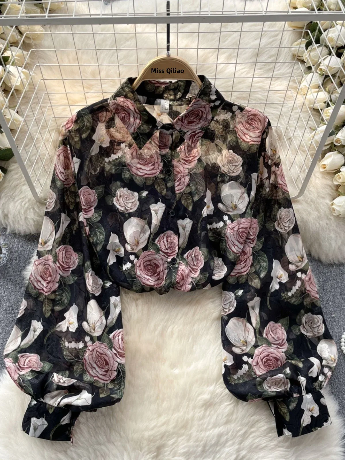 Romantic Floral Print Long Sve irt Women's Summer Lantern Sve Premium Feel Top Korean Sle Loose Fit Commute Wear