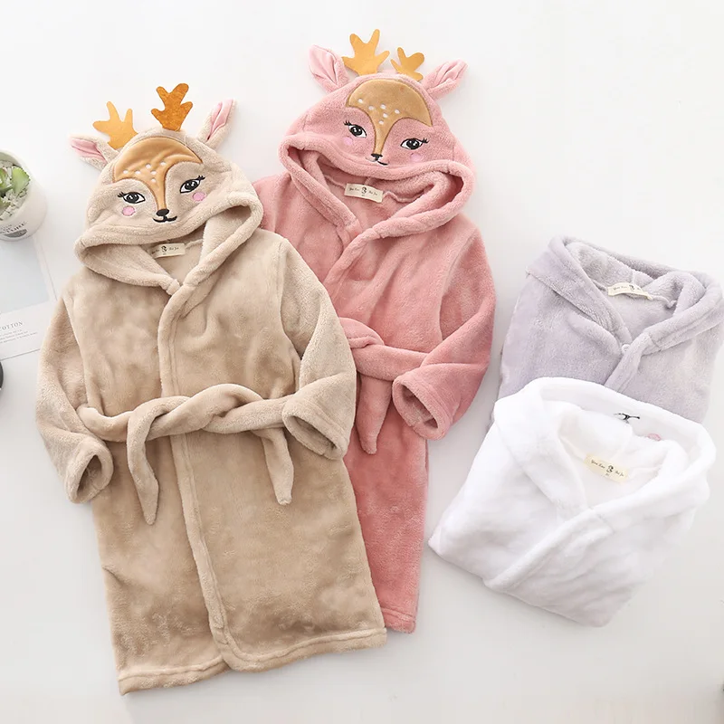 

2025 winter Children Deer hooded Pajamas Robes Warm Soft Christmas Bathrobe Baby Girls Boys Homewear Sleepwear 2-12Year