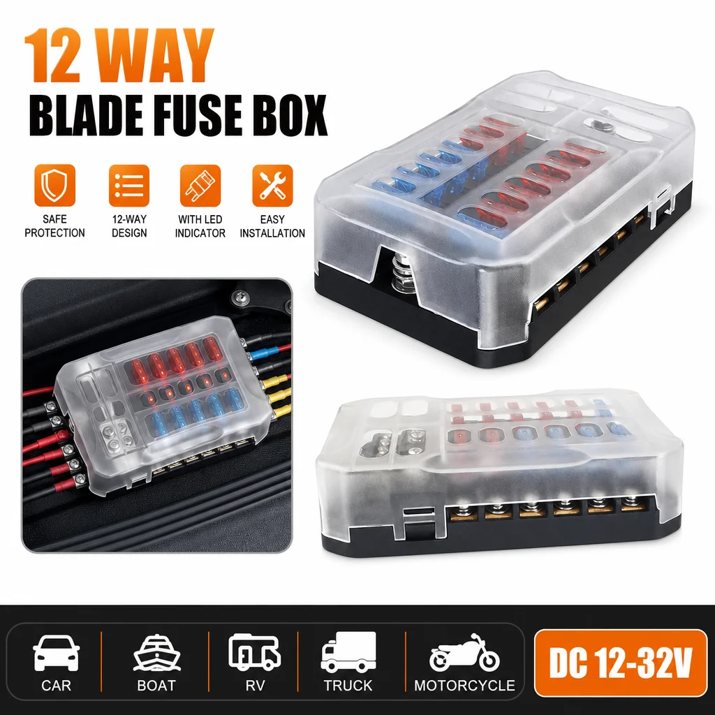 Caixa de Fusíveis MAX 100A 6/12 Vias com Indicador LED de Aviso, Painel de Distribuição de Energia 12V para Carro e Barco com Tampa Plástica