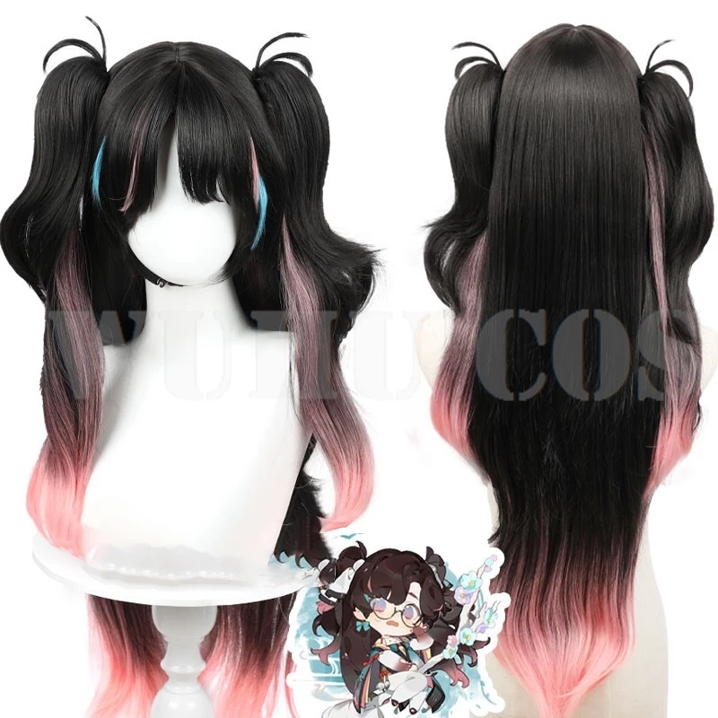 Game Wuthering Waves Zhezhi Cosplay Wig Black Pink Double Ponytail Zhezhi Wig Long Hair 80cm Women Girl Halloween Roleplay Wig