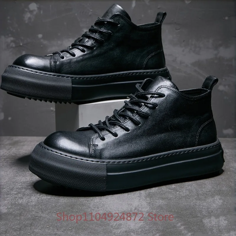 Men Black Genuine Leather Mid Top Sneakers Lace-up Thick Platform Sole Casual Street Fashion Comfort Walking Shoes Male Flats