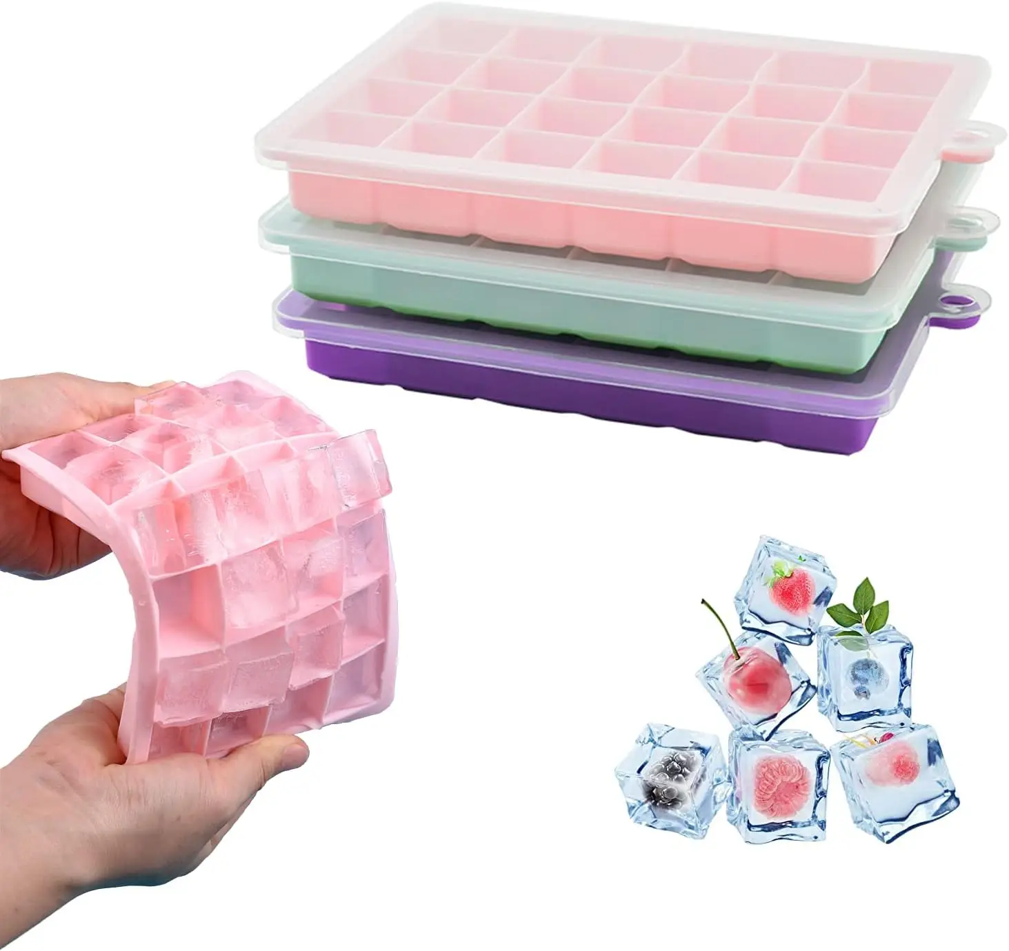 

3-Pack Silicone Ice Cube Trays with Lids, BPA Free, Easy Release, Stackable for Whiskey Coffee