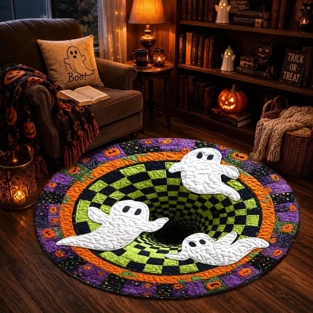 Halloween Crescent Moon Little Ghost Vortex Optical Illusion Round Rug bedroom home decor game room movie room living room Rug