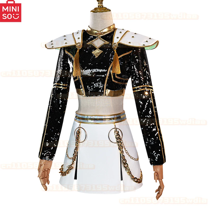 MINISO Rumi Zoey Mira Cosplay KPop Demon Hunters Cosplay Costume Wig Women Black Golden Suit Halloween Party Role Playing Outfit