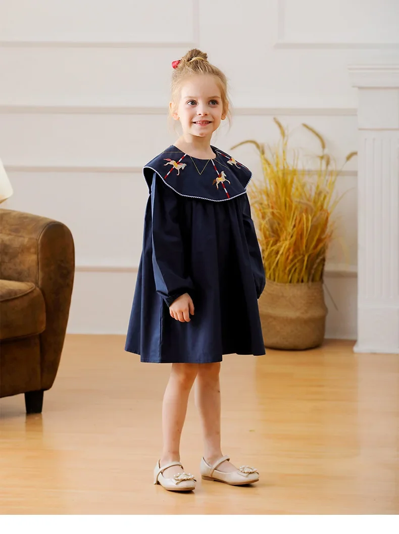 Girls Dress 2024 Autumn Navy Style Children\'s Kids Dresses for Girls