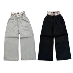 Calça de cintura bordada Vintage duplo masculino camuflagem, Y2K calça esportiva, Harajuku, gótica, cintura alta, perna larga, streetwear