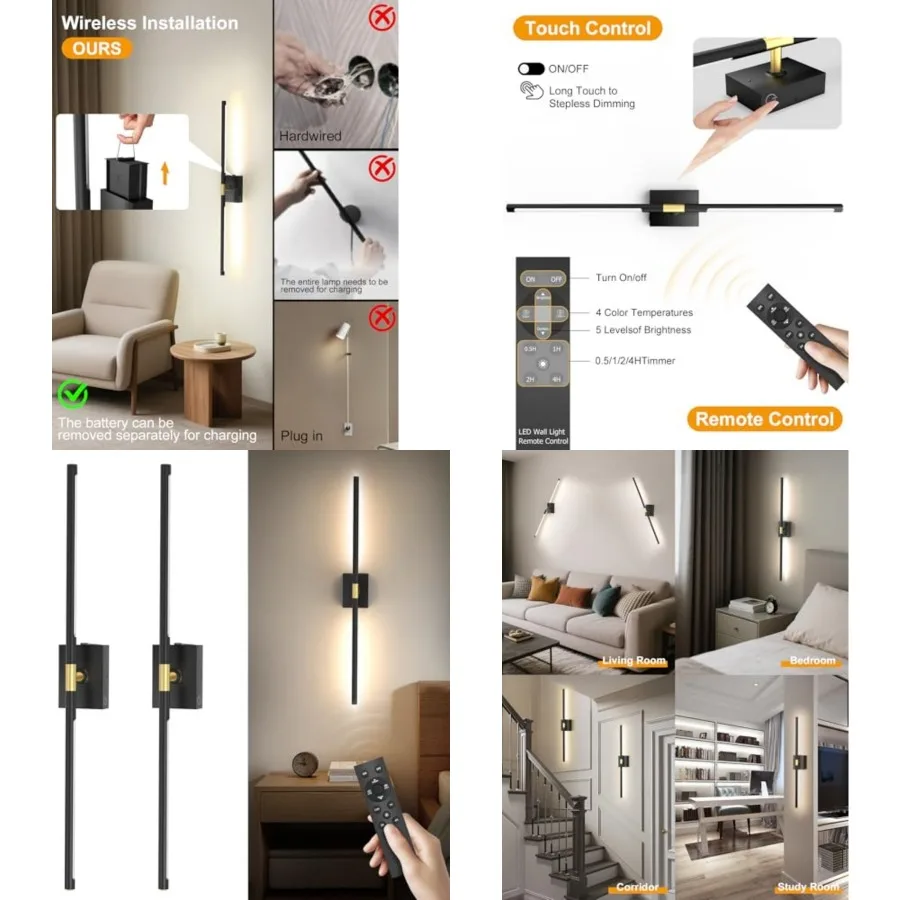 

Battery Operated Wall Sconces Set of 2: 10000mAh Rechargeable Wall Lights, Easy Install 360° Rotate 3000K-6000K LED Wireless Wa