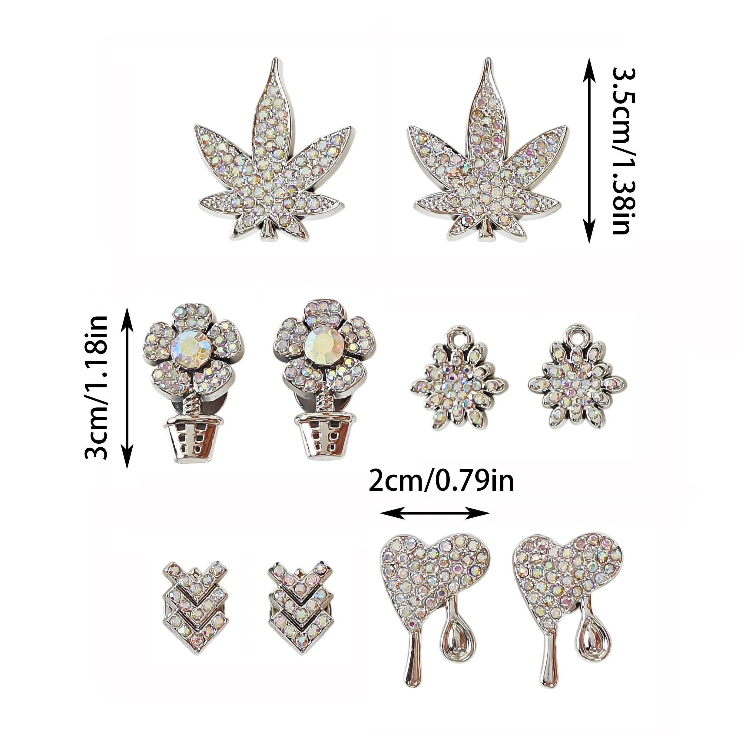 10Pcs DIY Shoe Decoration Charms Silver-Colored Rhinestones, Maple Leaves, Flowers, Heart-Shaped Decorative Buckles Non-Metallic Lightweight Material Y2K Fashion Versatile Cute Personality Accessories for Men and Women Suitable for Eva Beach Shoes, Sandals, Removable Shoe Decorations, Holiday Gifts