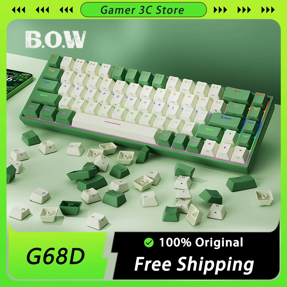 

BOW G68D Mechanical Keyboards Bluetooth Wireless Three Mode 68 Keys Tea Axis Keyboard External Notebook Ipad Tablet For Office