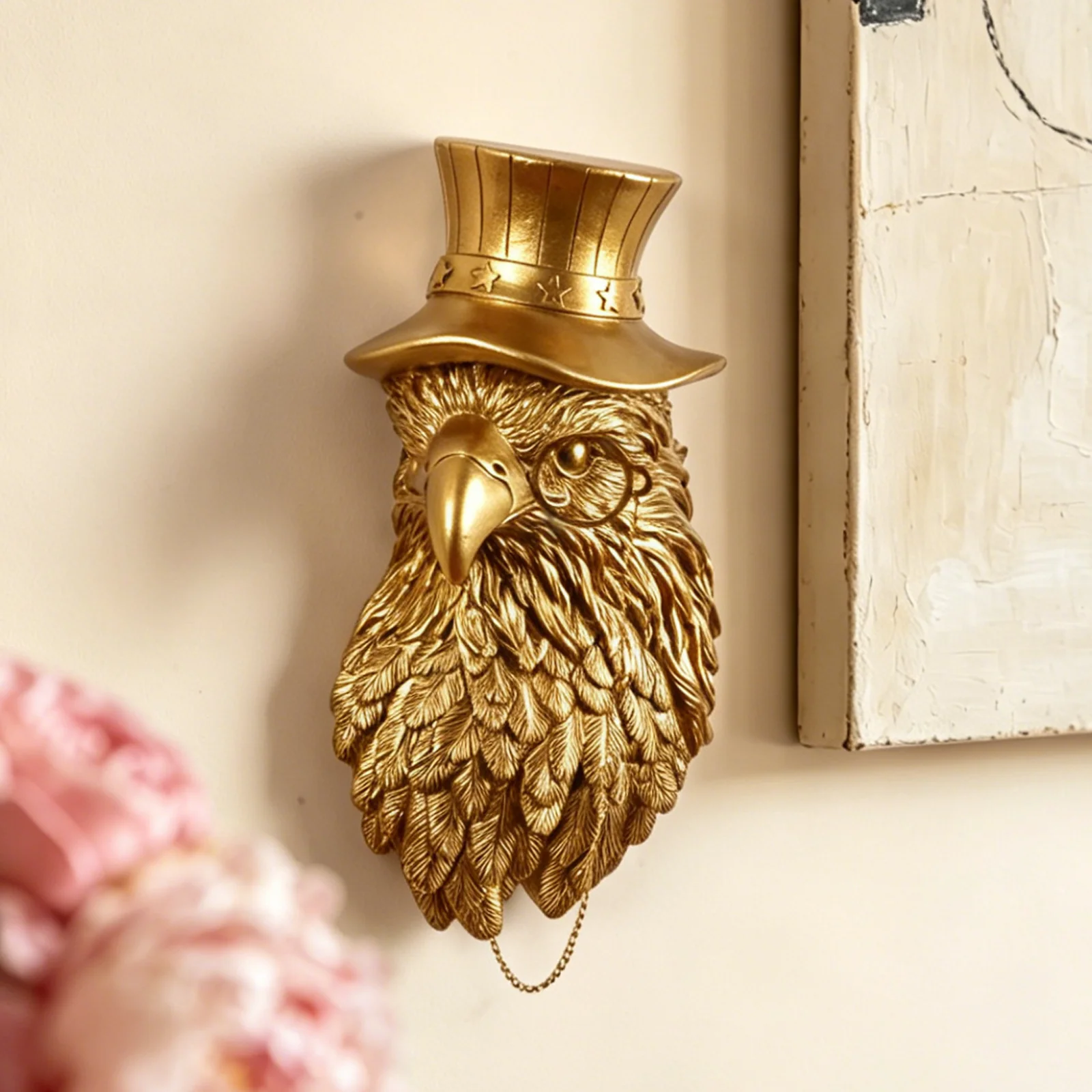 Gold Eagle Head Wall Decor with Top Hat Monocle Resin Sculpture Luxury 3D Wall Art for Bar Living Room Home Decoration - view 3