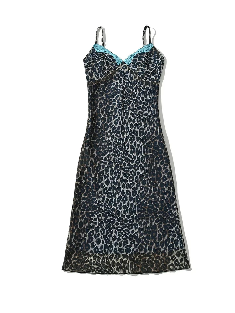 

Summer Lace V-neck Leopard Dress Women Sexy Camisole Backless Midi Chiffon Dresses