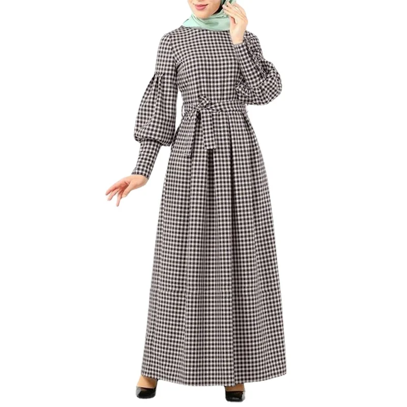 

Retro Plaid Robes Muslim Dress Women's Long Lantern Sleeves Holiday Dress Robes Women's Sundress Abaayaa Dress Muslim