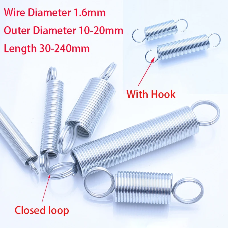 1Pcs Outer Diameter 10-20mm Wire Diameter 1.6mm Galvanized Tension Spring Closed loop/With Hook Extension Spring Length 30-240mm