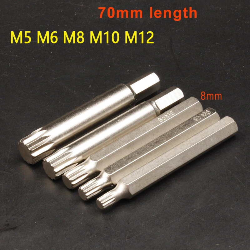 

5pcs 70mm Length 12 Point Spline Torx Screwdriver Bits 8mm 5/16' Hex Shank Impact Star Bit M5 M6 M8 M10 M12 S2 Alloy Steel