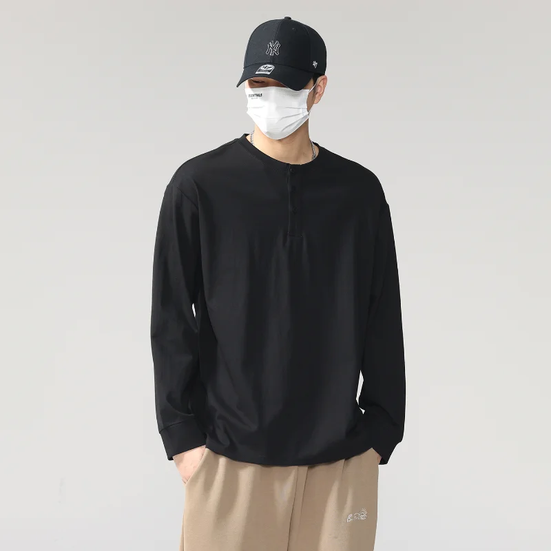 

Пуловер с круглым вырезом и пуговицами, повседневная модная мужская футболка, топ с длинными рукавами