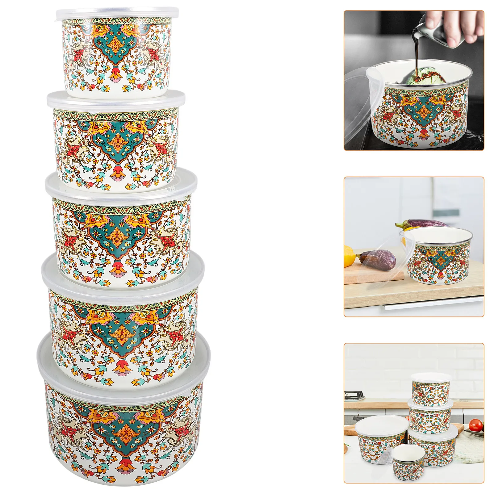 

Набор из 5 эмалированных суповых мисок в винтажном стиле с прозрачными крышками, контейнеры для хранения еды для дома и ресторана