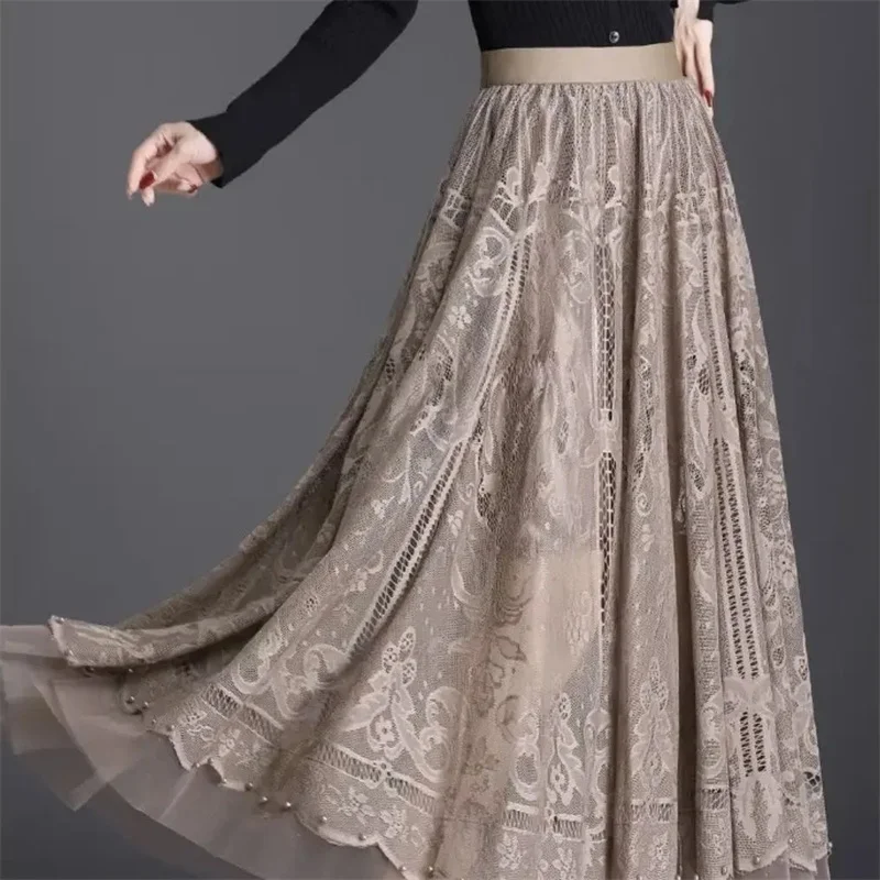 

Осенние женские длинные юбки с высокой талией, весенние модные сетчатые пышные юбки в корейском стиле, однотонные повседневные плиссированные макси-юбки