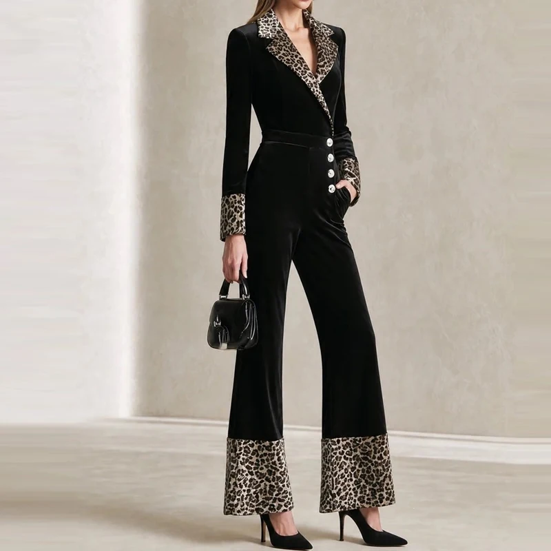 Lady Elegant Single Breasted Flared Romper Casual Long Sleeve Velvet Long Playsuit Fashion Leopard Print Splice Pocket Jumpsuit
