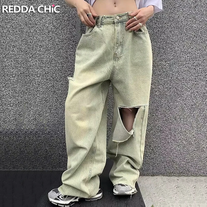 

REDDACHIC Men Green Wash Cut-out Baggy Jeans Distressed Raw Hem Trousers Adjust-waist Wide Leg Casual Pants Retro Y2k Streetwear