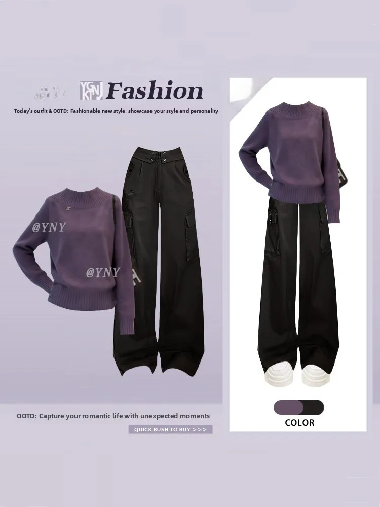 

Ele Purple Vintage round Ne Slim Fit Spring New Knitted Top Women's Wide Leg Casual Workwear Pants Two Piece Set