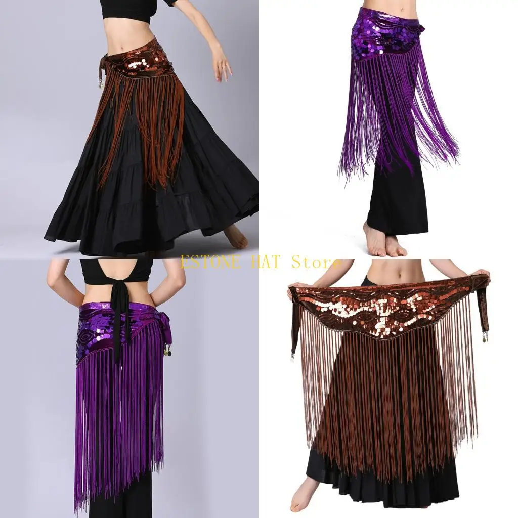 49MF Stylish Tassels Belly Dance Hip Wrap Waist Chain Hip Skirt for Belly Dancer Stage Performers Sequined Waist Decoration