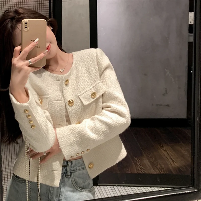 French Wool Tweed Jackets for Women Fashion High-end Gold Button Short Coat Slim Temperament Spring Autumn Korean Women Jacket