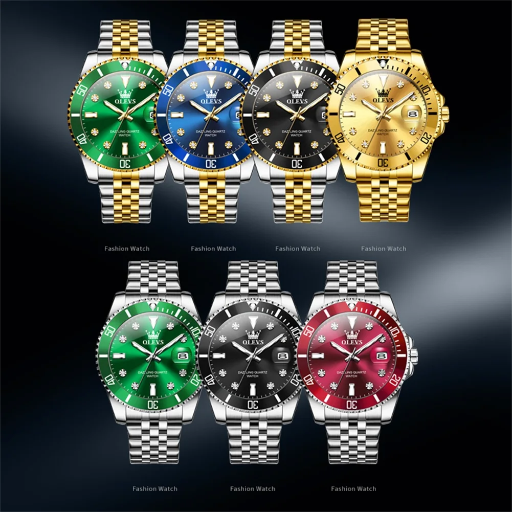 OLEVS 9809 ساعة رجالية موضة توقيت الدورية الحافة الفولاذ المقاوم للصدأ مقاوم للماء مضيئة تاريخ فاخر الأصلي ساعات كوارتز رجالية