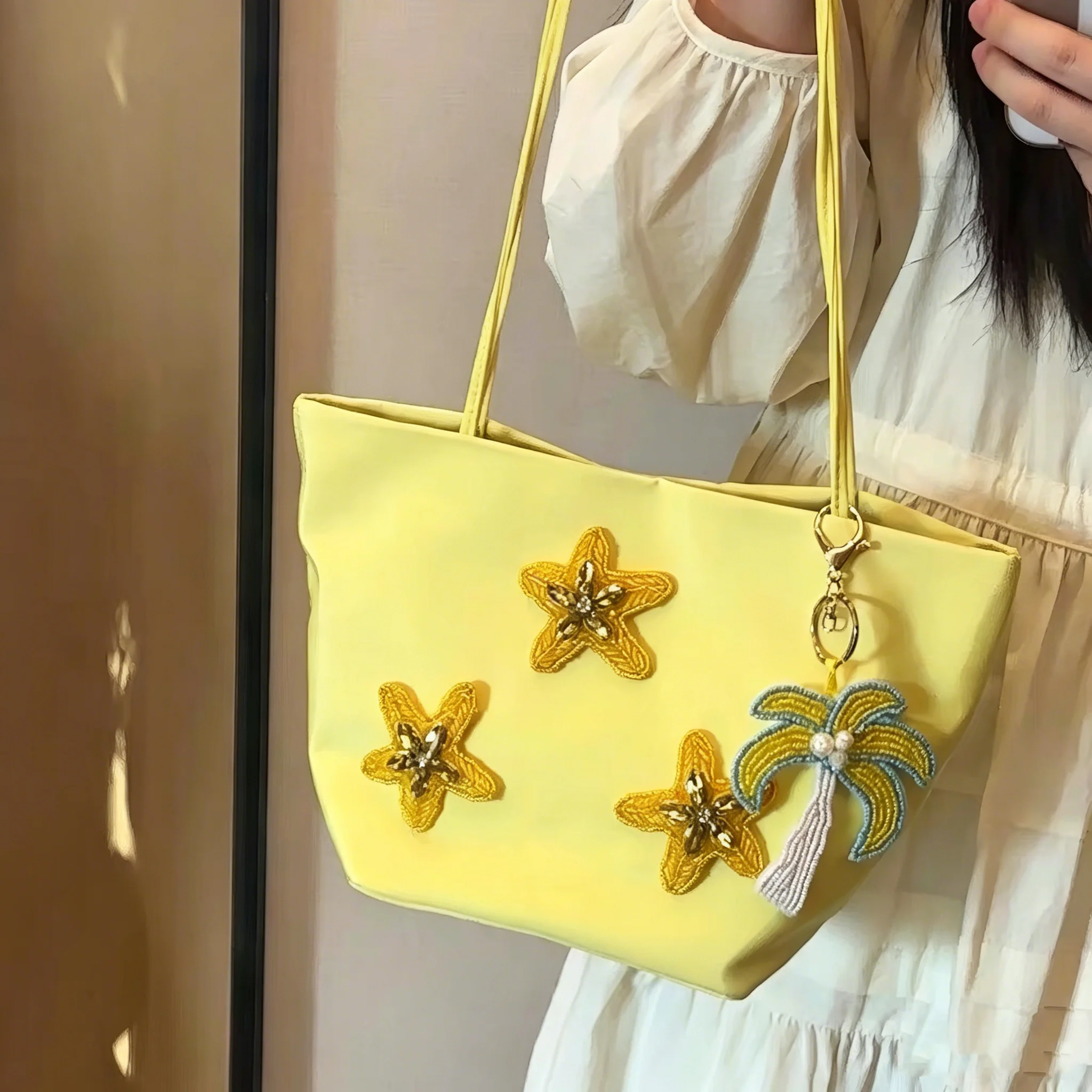 

Starfish Embroidery Tote Women's Bag Fashion Nylon Bucket Bags for Women Shoulder Bag Summer Yellow Bags NEW Shopper Handbags