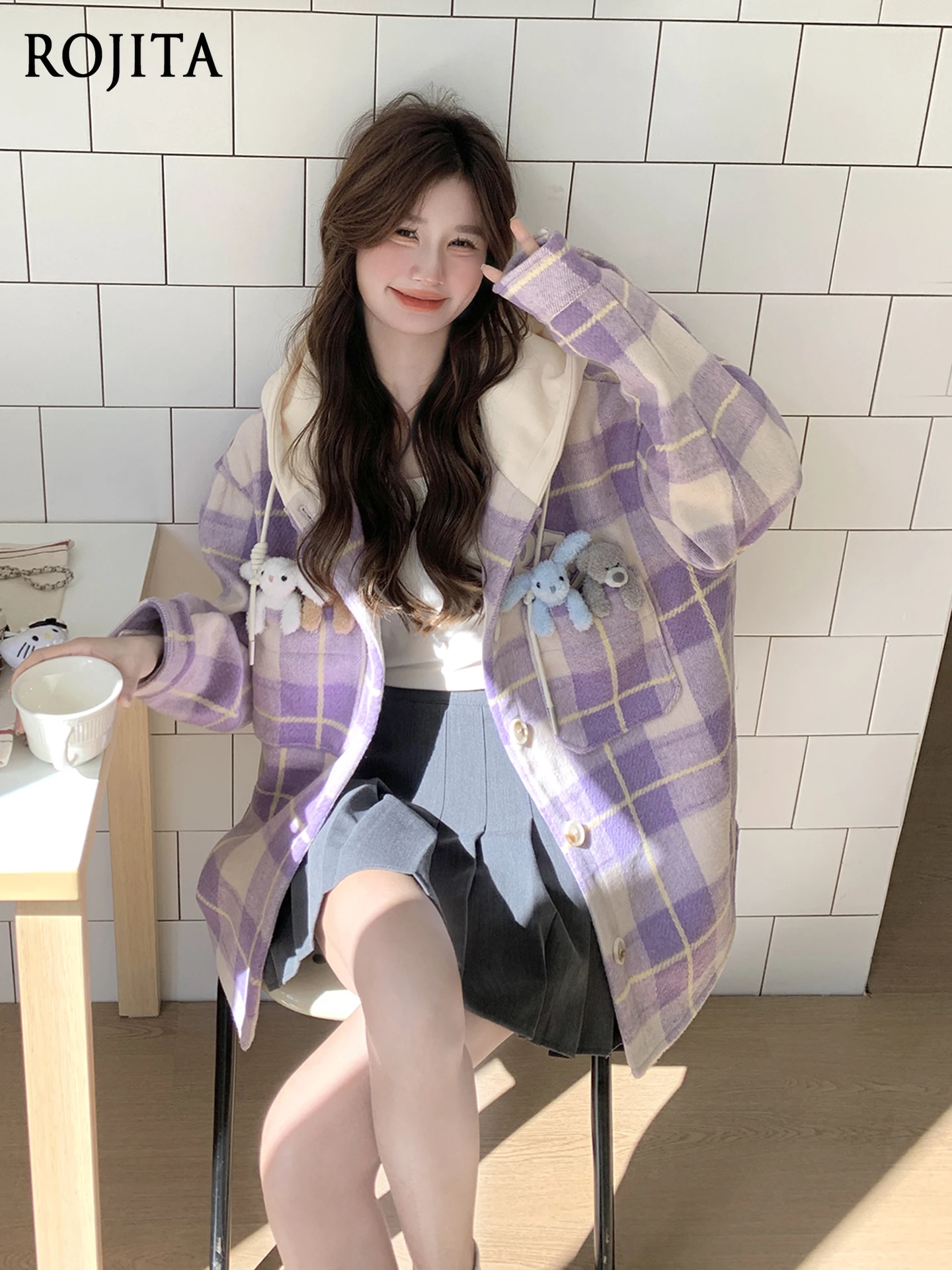 Fioletowy płaszcz wełniany z kapturem w kratę dla kobiet, zimowy, nowy styl koreański 2025, luźny płaszcz wełniany, trencz dla kobiet.