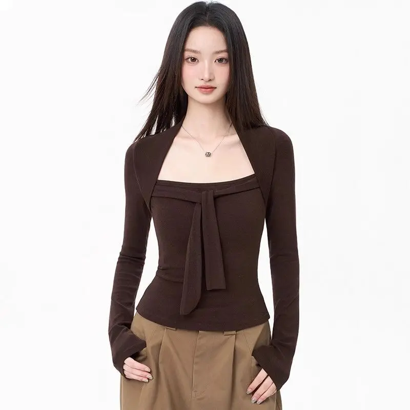 

Autumn and Winter Solid Color Pullover Square Neck Long-sleeved T-shirt Women's Slim and Versatile Top