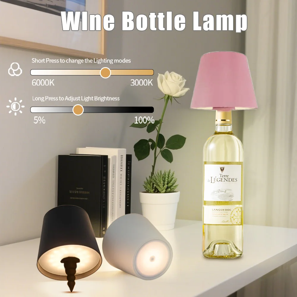 

Wireless Bottle Table Lamp Touch Control of 3 Colors and Stepless Dimming Night Lamp For Bar Wine Bottle Decor Desk Lighting