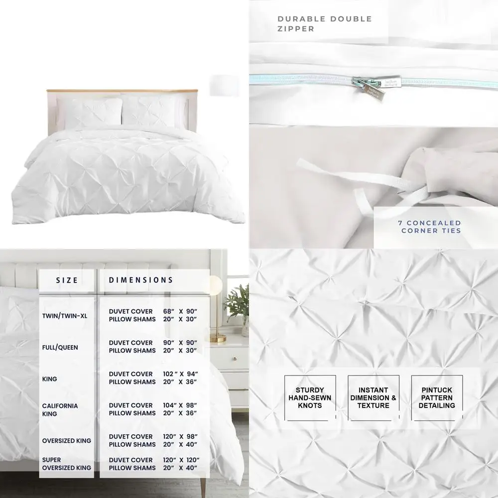 

Luxury 1000-Thread Egyptian Cotton Duvet Cover Set - Pinch Pleated, Zippered, with Ties (White, 90 x 90)