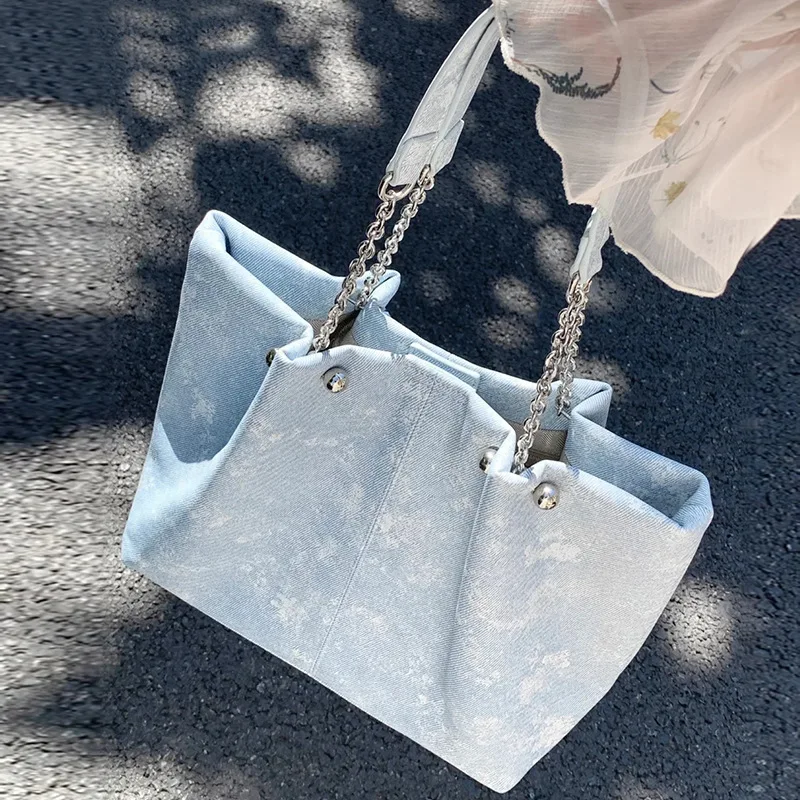 Women Large Capacity Tie-dye Denim Tote Bag Chain Shoulder Handbag Casual Commuter Ladies Shopper Bag