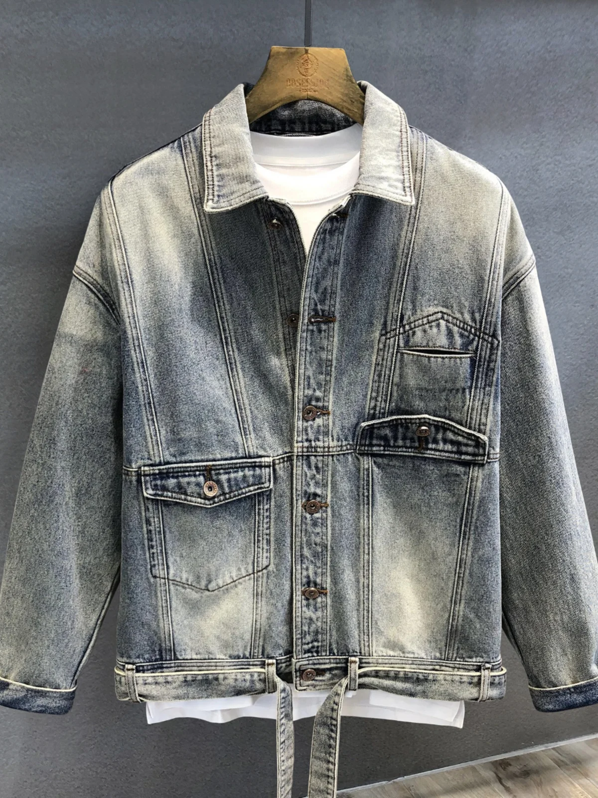 

Retro Vintage Men's Denim Jaet Casual Worn Look American Sle Autumn High Street Long Sve Stand Fit Youth Jaet