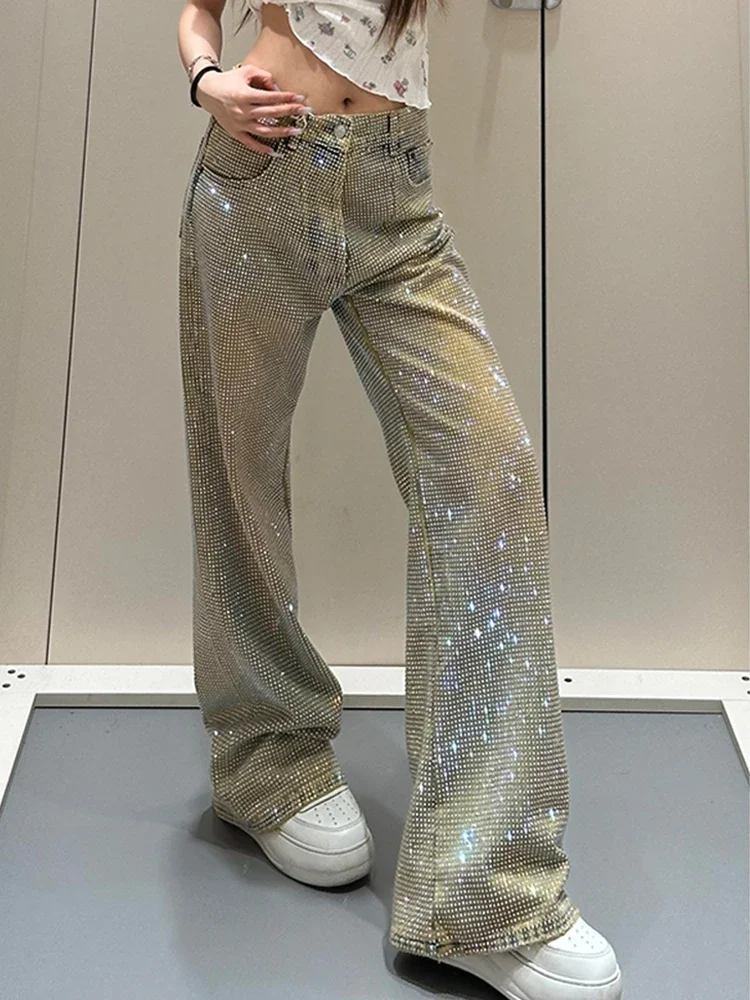 

Y2K Women Diamond Jeans Spicy Girl Design Summer Spring New Style Personality Star Print Niche Straight Leg Long Pants