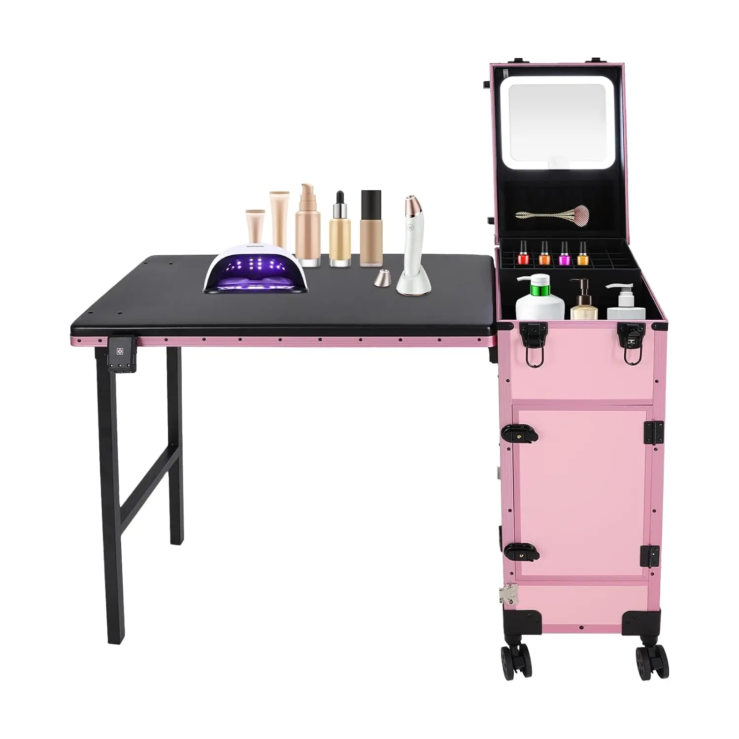 Lockable Rolling Makeup Case 3 Drawer Portable Nail Table LED Light & Key Salon Spa Studio 40cm, Custom