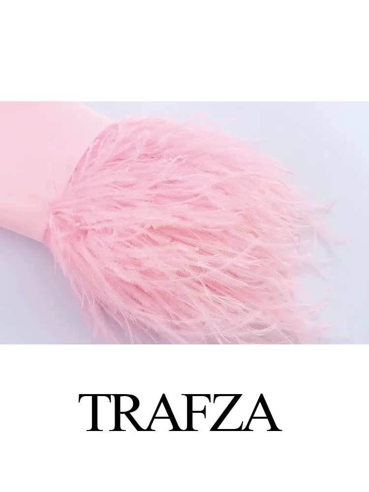 TRAFZA Women Fashion Pant Set Pink Turn-Down Collar Long Sleeve Single-Breasted Feather Blazer+High Waist Pocket Zipper Trousers