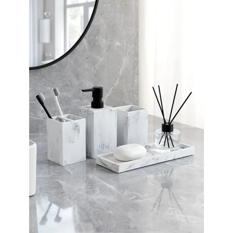 Bathroom Accessories Vanity Countertop Accessory Set Marble Look Lotion Dispenser Tumbler Toothbrush Holder Tray