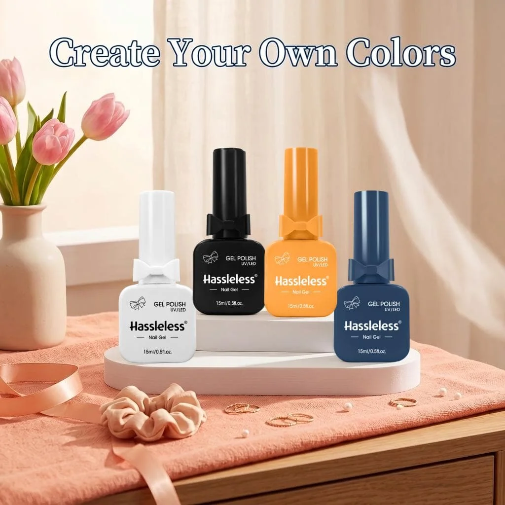 Hassleless 4-Piece Set of Nail Polish Gel 15ml Large Capacity Black, White, Orange, Navy Solid Color Nail Polish Gel High Saturation Long-Lasting Nail Polish Salon Home DIY Nail Art Set 6