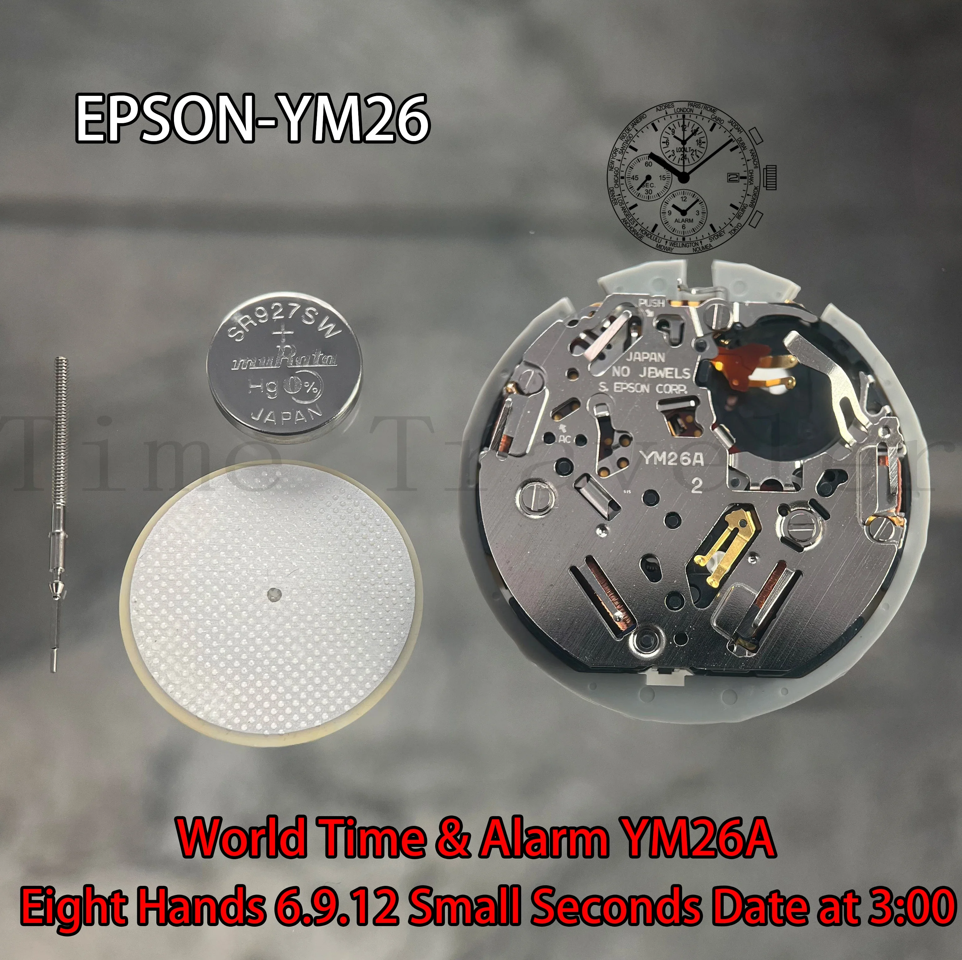 YM26 Movement Epson YM26A-3 Movement 8 Hands Size:12'' 6:00/9:00/12:00 Small seconds Date at 3:00 Replace YM2JA Movement