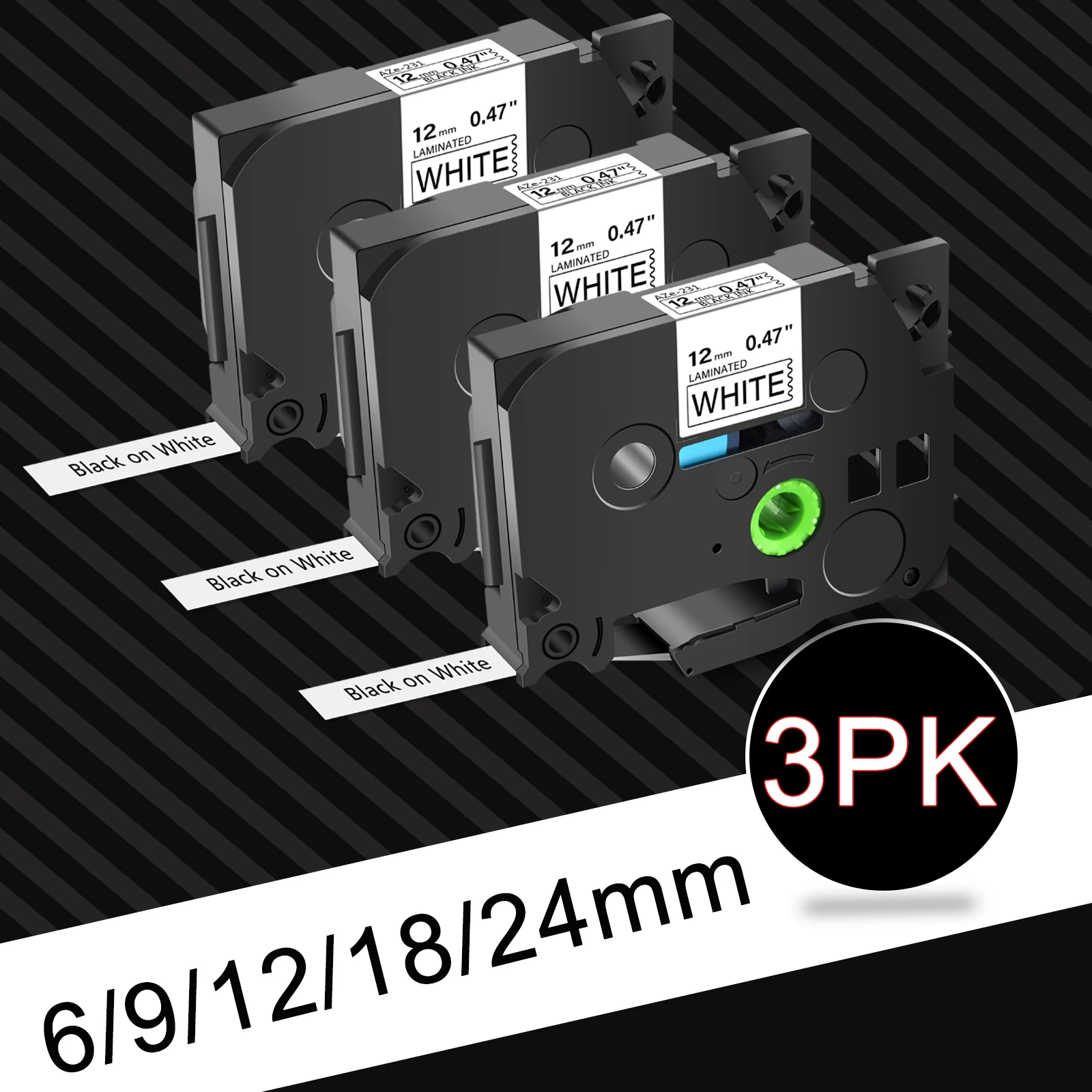 3PK Black on White/Clear 12mm Label Tapes Compatible for Brother TZE-231 631 TZ 131 731 Tapes for P-Touch Label Printers Machine