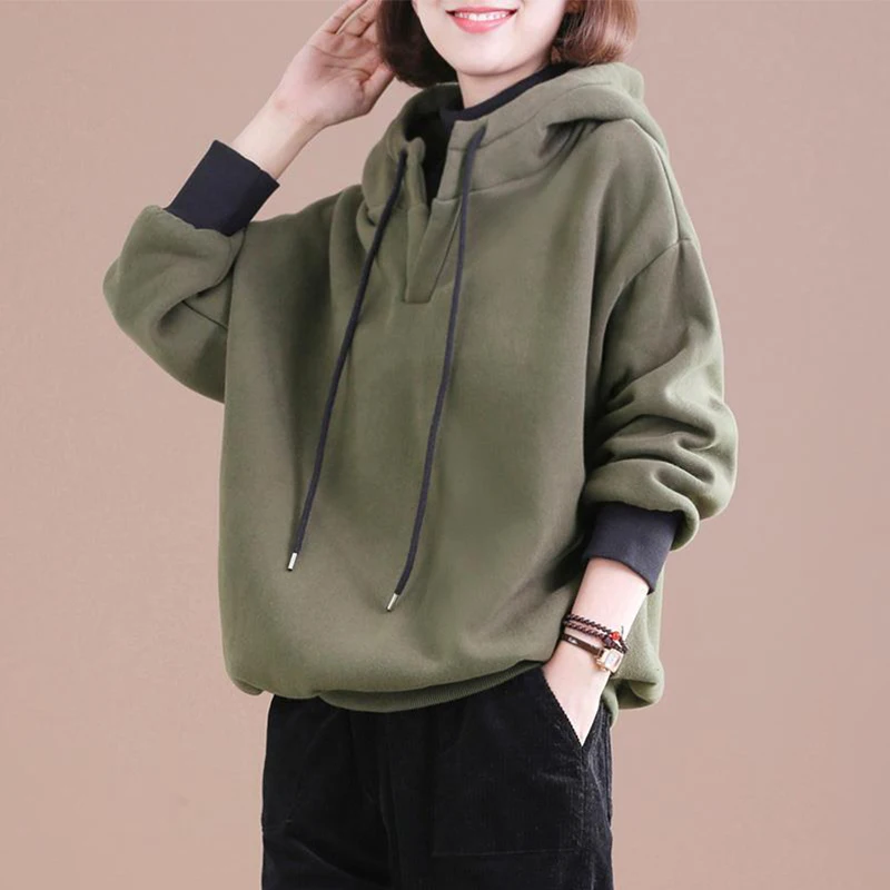 Hooded Sweatshir Thickened Plush Women's Loose Korean Version Pop Autumn Winter Fat Sister Pullovers Fake Two-piece Coat In Nice